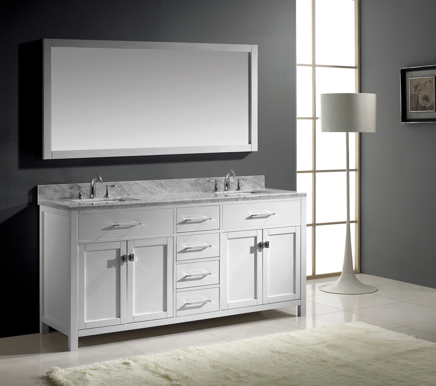 Virtu USA Caroline 72" Double Bath Vanity with Marble Top and Square Sink with Polished Chrome Faucet and Mirror - Luxe Bathroom Vanities
