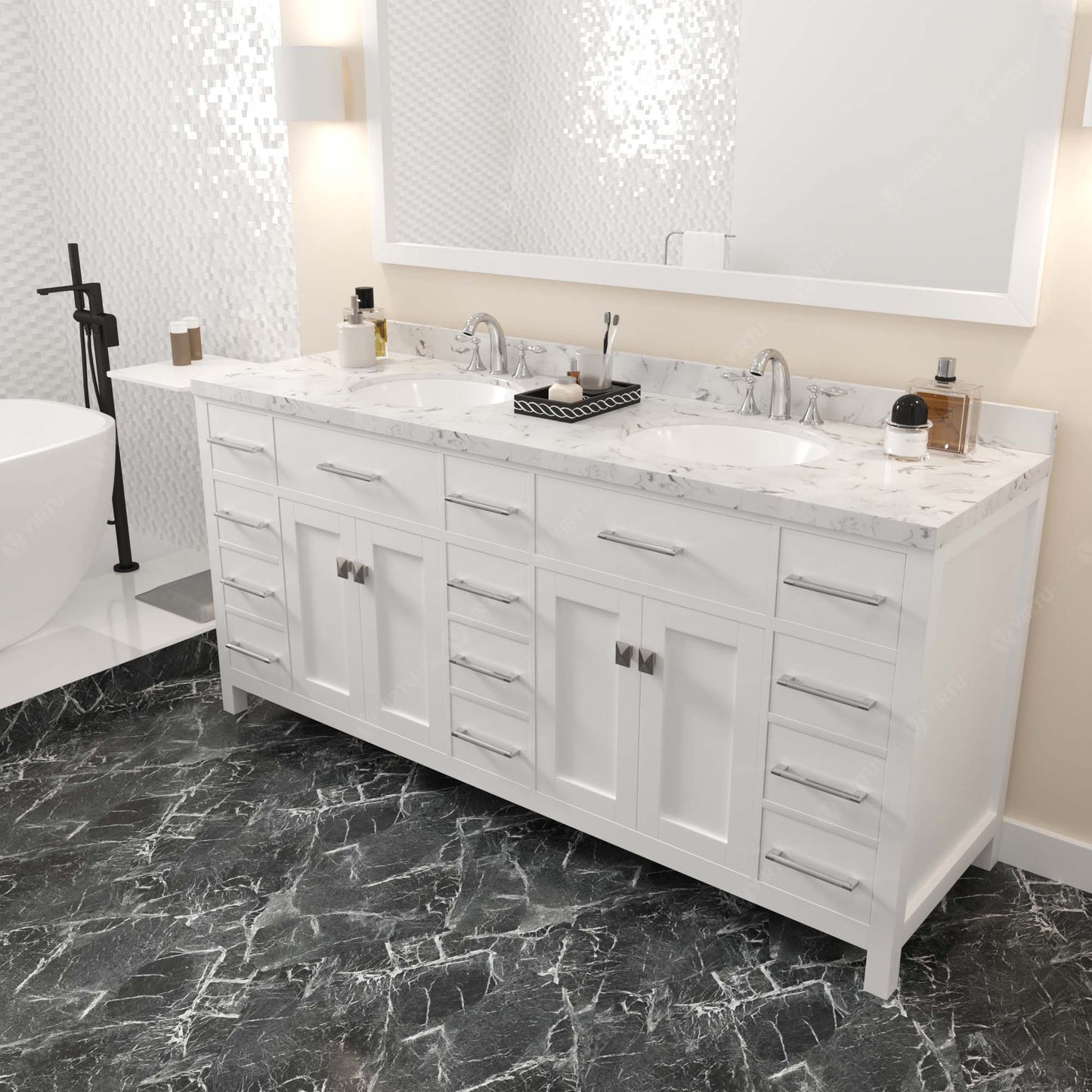 Virtu USA Caroline Parkway 72" Double Bath Vanity with White Quartz Top and Round Sinks with Matching Mirror - Luxe Bathroom Vanities