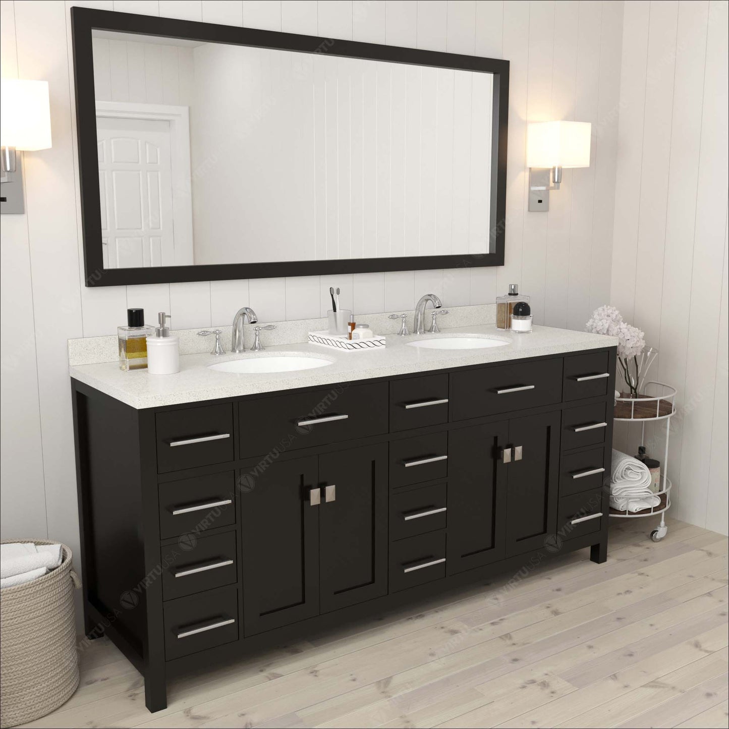 Virtu USA Caroline Parkway 72" Double Bath Vanity with Dazzle White Top and Round Sinks with Matching Mirror - Luxe Bathroom Vanities