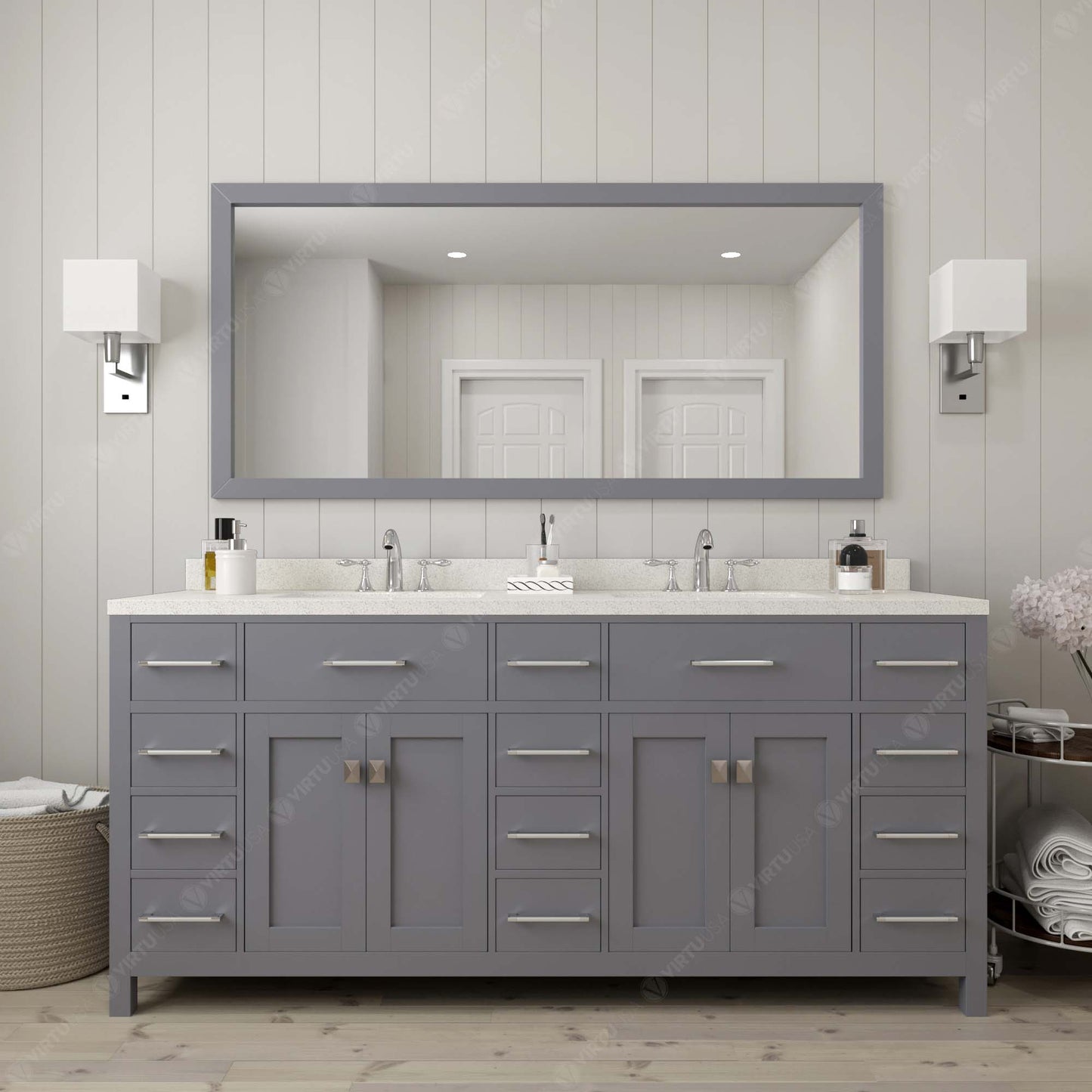 Virtu USA Caroline Parkway 72" Double Bath Vanity with Dazzle White Top and Round Sinks with Polished Chrome Faucets with Matching Mirror - Luxe Bathroom Vanities