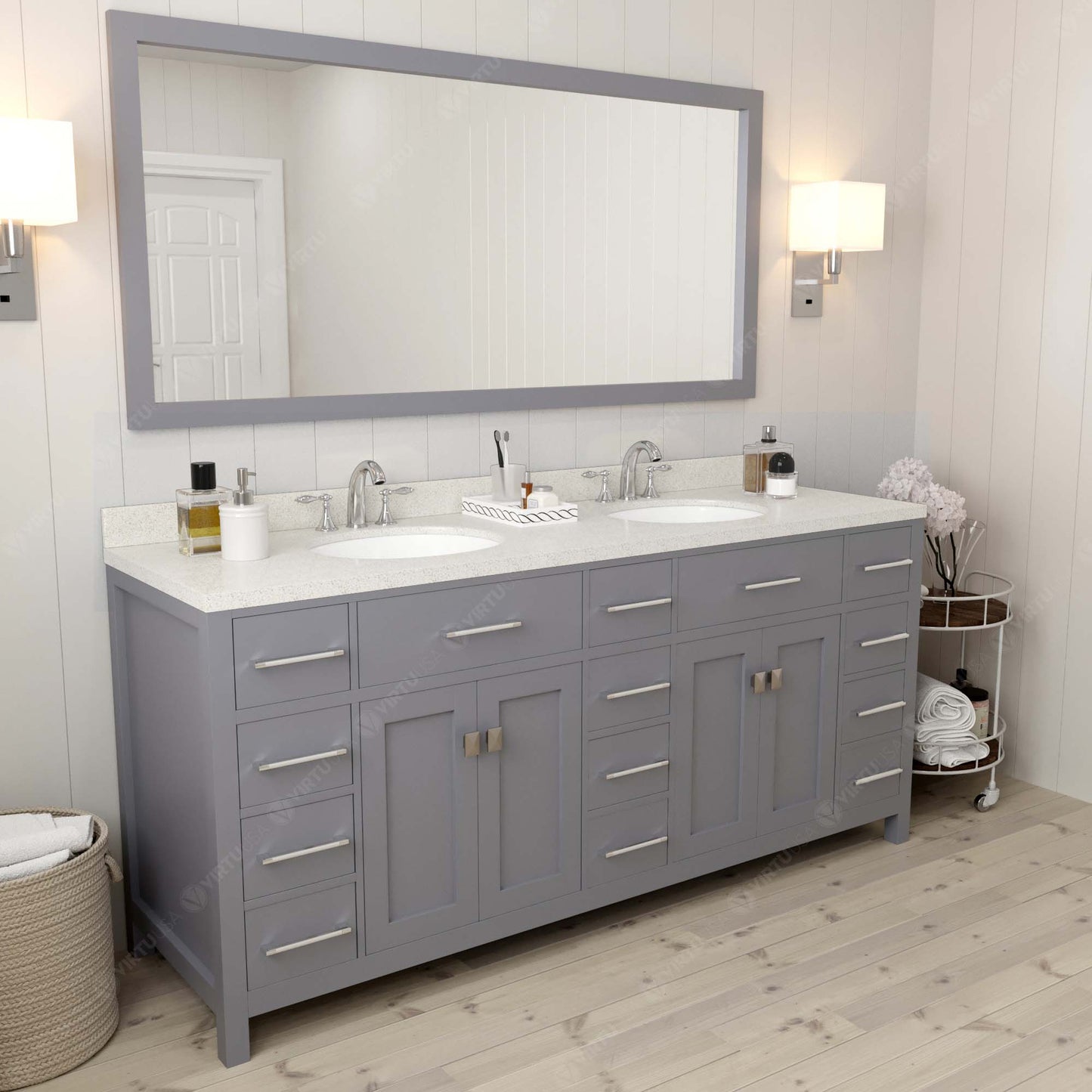 Virtu USA Caroline Parkway 72" Double Bath Vanity with Dazzle White Top and Round Sinks with Brushed Nickel Faucets with Matching Mirror - Luxe Bathroom Vanities