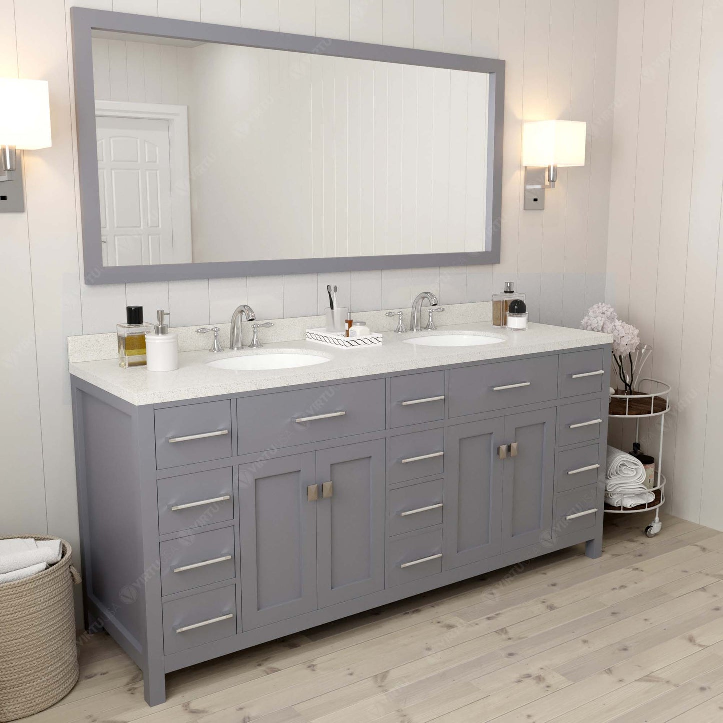 Virtu USA Caroline Parkway 72" Double Bath Vanity with Dazzle White Top and Round Sinks with Polished Chrome Faucets with Matching Mirror - Luxe Bathroom Vanities