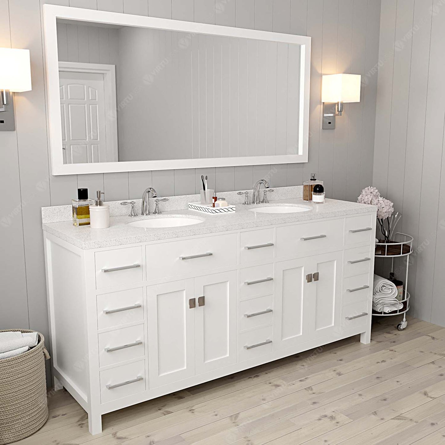 Virtu USA Caroline Parkway 72" Double Bath Vanity in White with Dazzle White Top and Round Sink with Brushed Nickel Faucet and Mirror - Luxe Bathroom Vanities Luxury Bathroom Fixtures Bathroom Furniture