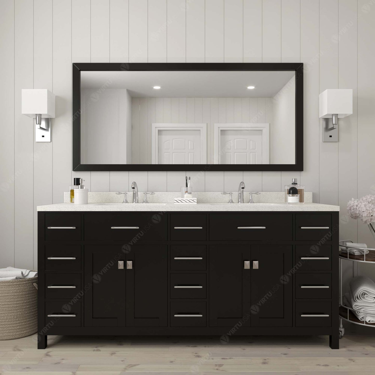 Virtu USA Caroline Parkway 72" Double Bath Vanity with Dazzle White Top and Square Sinks with Brushed Nickel Faucets with Matching Mirror - Luxe Bathroom Vanities