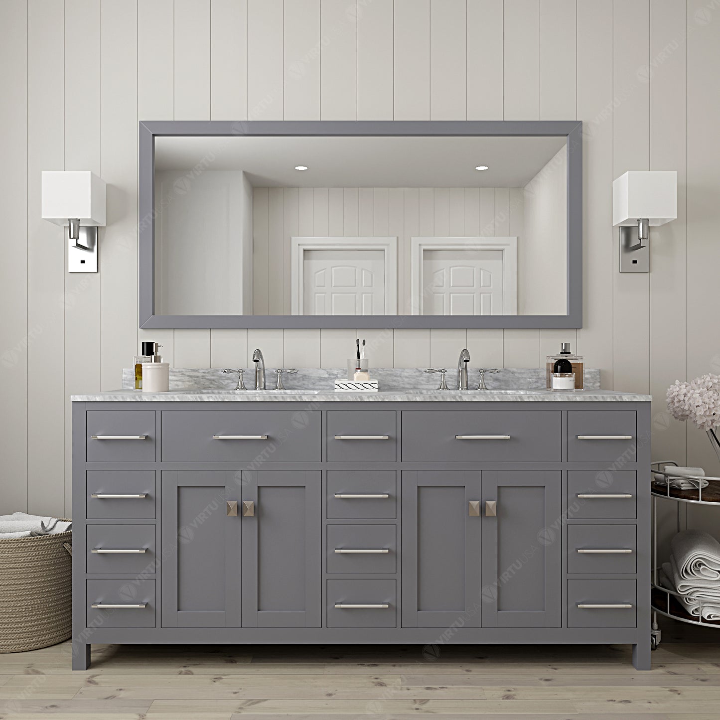 Virtu USA Caroline Parkway 72" Double Bath Vanity with Marble Top and Round Sink with Brushed Nickel Faucet and Mirror - Luxe Bathroom Vanities