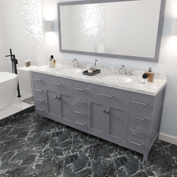 Virtu USA Caroline Parkway 78" Double Bath Vanity with White Quartz Top and Round Sinks with Polished Chrome Faucets with Matching Mirror - Luxe Bathroom Vanities
