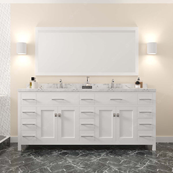 Virtu USA Caroline Parkway 78" Double Bath Vanity with White Quartz Top and Round Sinks with Polished Chrome Faucets with Matching Mirror - Luxe Bathroom Vanities