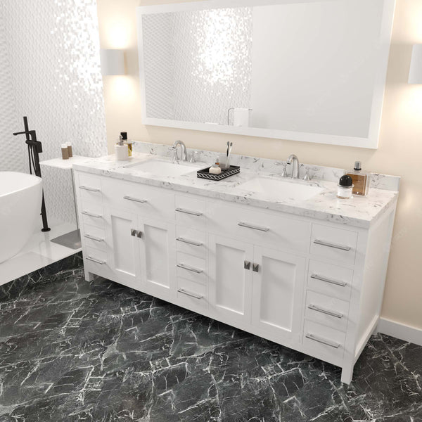 Virtu USA Caroline Parkway 78" Double Bath Vanity with White Quartz Top and Square Sinks with Matching Mirror - Luxe Bathroom Vanities