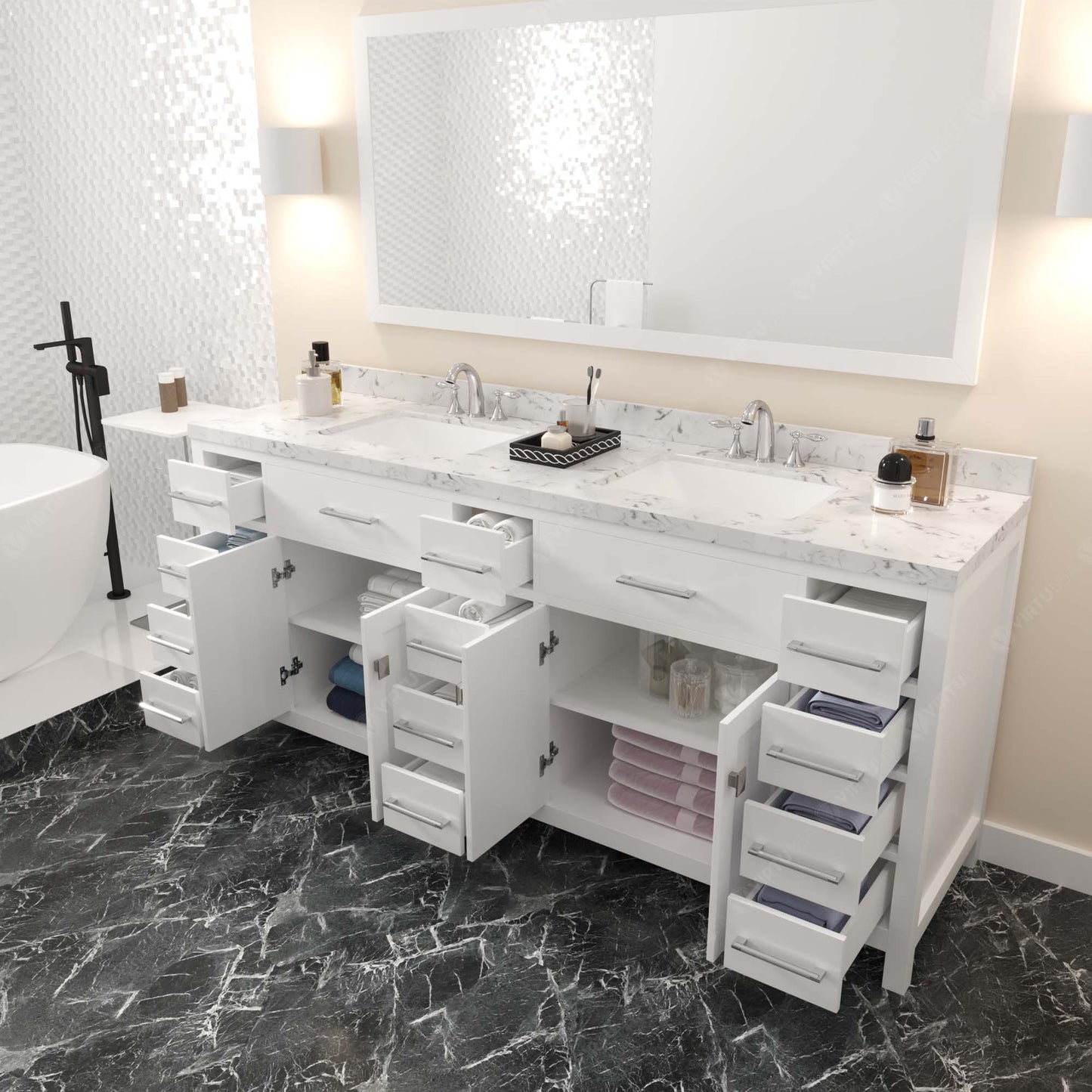 Virtu USA Caroline Parkway 78" Double Bath Vanity with White Quartz Top and Square Sinks with Matching Mirror - Luxe Bathroom Vanities