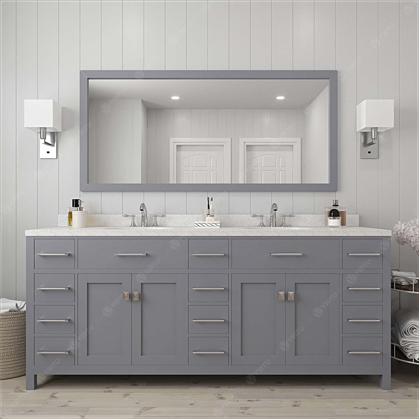 Virtu USA Caroline Parkway 78" Double Bath Vanity with Dazzle White Top and Round Sink with Polished Chrome Faucet and Mirror - Luxe Bathroom Vanities Luxury Bathroom Fixtures Bathroom Furniture