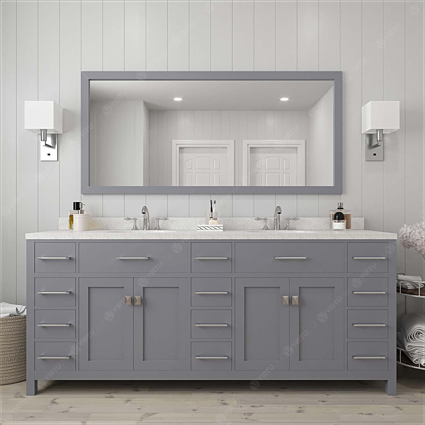 Virtu USA Caroline Parkway 78" Double Bath Vanity with Dazzle White Top and Square Sink with Mirror - Luxe Bathroom Vanities Luxury Bathroom Fixtures Bathroom Furniture