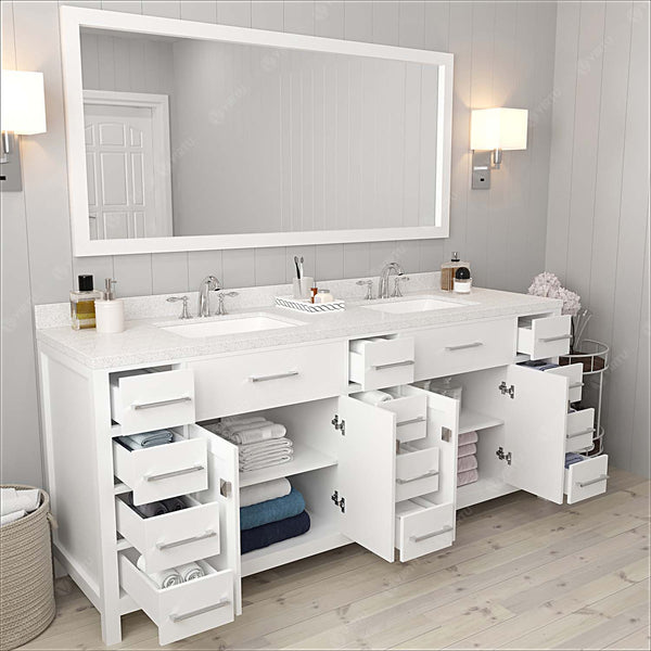 Virtu USA Caroline Parkway 78" Double Bath Vanity with Dazzle White Top and Square Sink with Polished Chrome Faucet and Mirror - Luxe Bathroom Vanities Luxury Bathroom Fixtures Bathroom Furniture