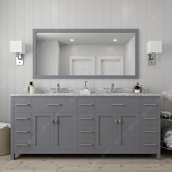 Virtu USA Caroline Parkway 78" Double Bath Vanity with Marble Top and Round Sink with Polished Chrome Faucet and Mirror - Luxe Bathroom Vanities