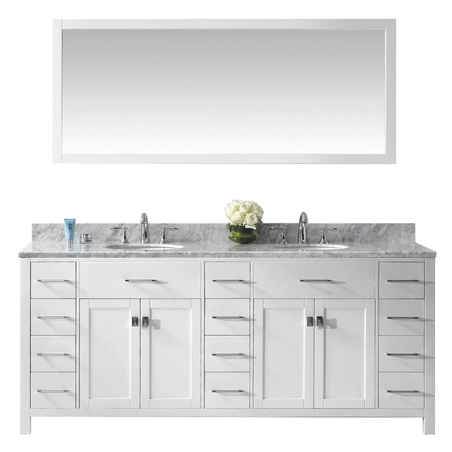 Virtu USA Caroline Parkway 78" Double Bath Vanity with Marble Top and Round Sink with Polished Chrome Faucet and Mirror - Luxe Bathroom Vanities