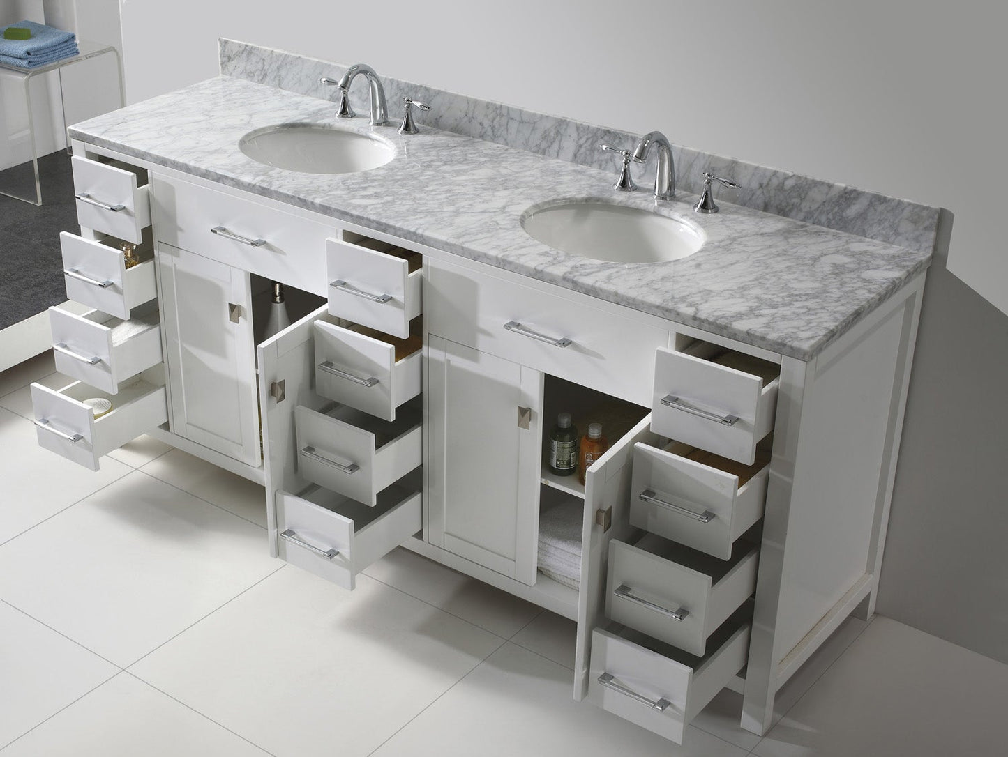 Virtu USA Caroline Parkway 78" Double Bath Vanity with Marble Top and Round Sink with Mirror - Luxe Bathroom Vanities