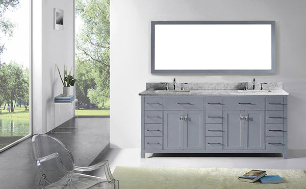 Virtu USA Caroline Parkway 78" Double Bath Vanity with Marble Top and Square Sink with Polished Chrome Faucet and Mirror - Luxe Bathroom Vanities