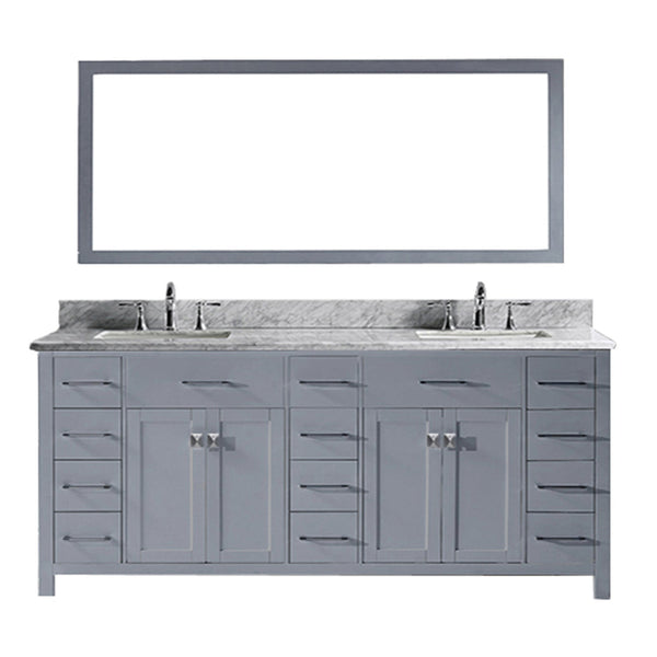 Virtu USA Caroline Parkway 78" Double Bath Vanity with Marble Top and Square Sink with Polished Chrome Faucet and Mirror - Luxe Bathroom Vanities