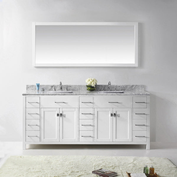 Virtu USA Caroline Parkway 78" Double Bath Vanity with Marble Top and Square Sink with Polished Chrome Faucet and Mirror - Luxe Bathroom Vanities