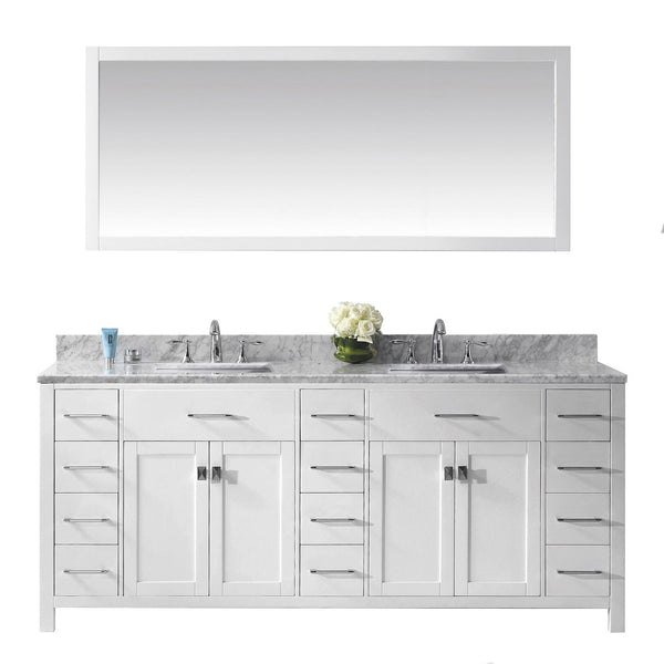 Virtu USA Caroline Parkway 78" Double Bath Vanity with Marble Top and Square Sink with Polished Chrome Faucet and Mirror - Luxe Bathroom Vanities