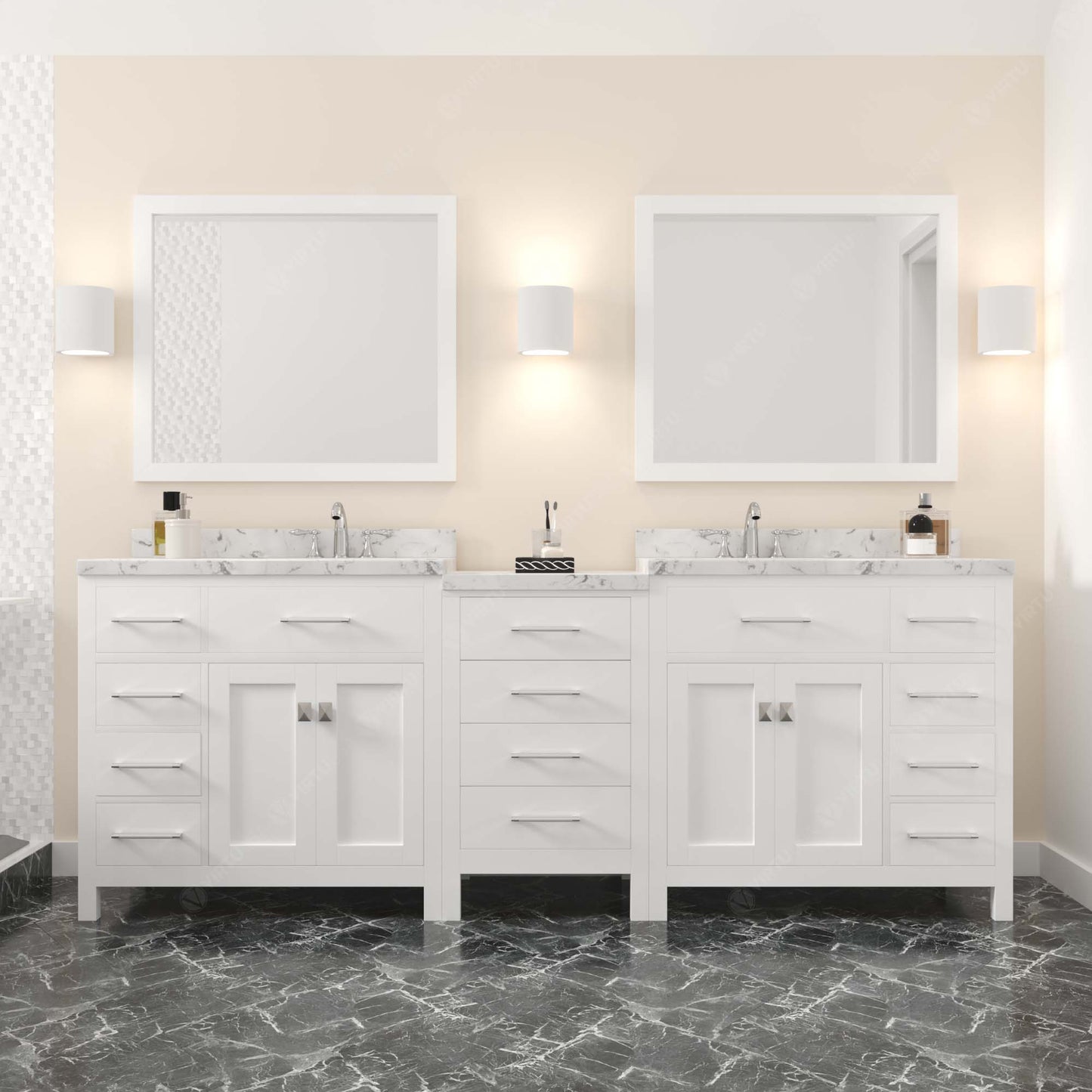 Virtu USA Caroline Parkway 93" Double Bath Vanity with White Quartz Top and Round Sinks with Matching Mirror - Luxe Bathroom Vanities