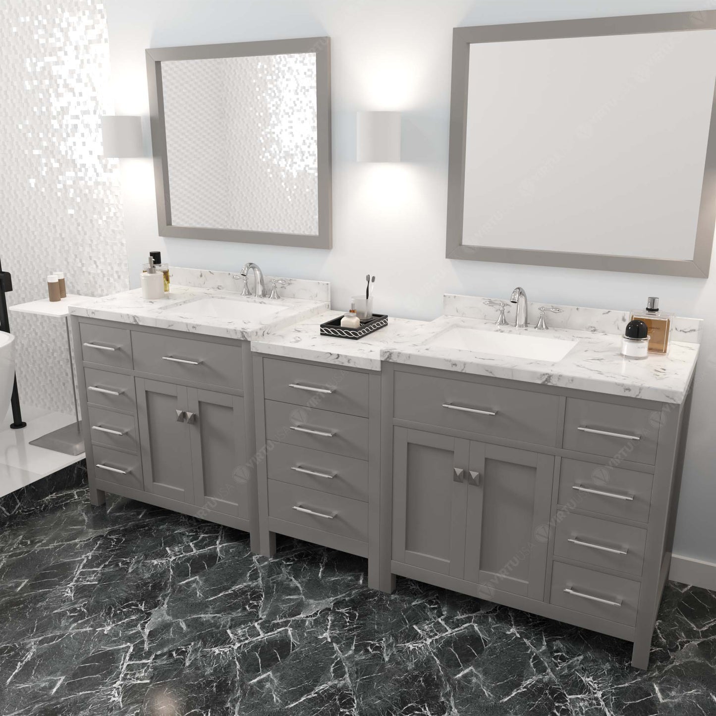 Virtu USA Caroline Parkway 93" Double Bath Vanity with White Quartz Top and Square Sinks with Brushed Nickel Faucets with Matching Mirror - Luxe Bathroom Vanities