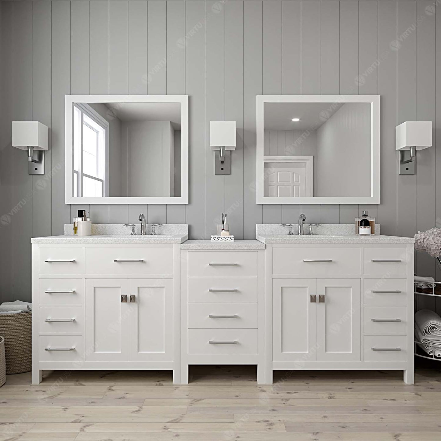 Virtu USA Caroline Parkway 93" Double Bath Vanity with Dazzle White Top and Round Sink with Polished Chrome Faucet and Mirrors - Luxe Bathroom Vanities Luxury Bathroom Fixtures Bathroom Furniture