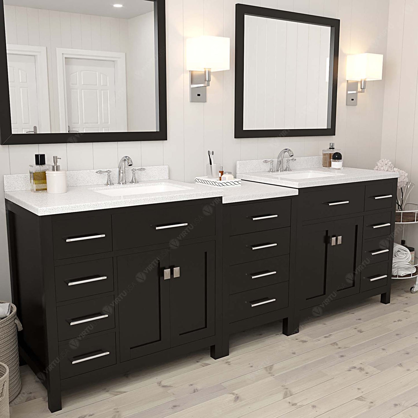Virtu USA Caroline Parkway 93" Double Bath Vanity with Dazzle White Top and Square Sink with Polished Chrome Faucet and Mirrors - Luxe Bathroom Vanities Luxury Bathroom Fixtures Bathroom Furniture