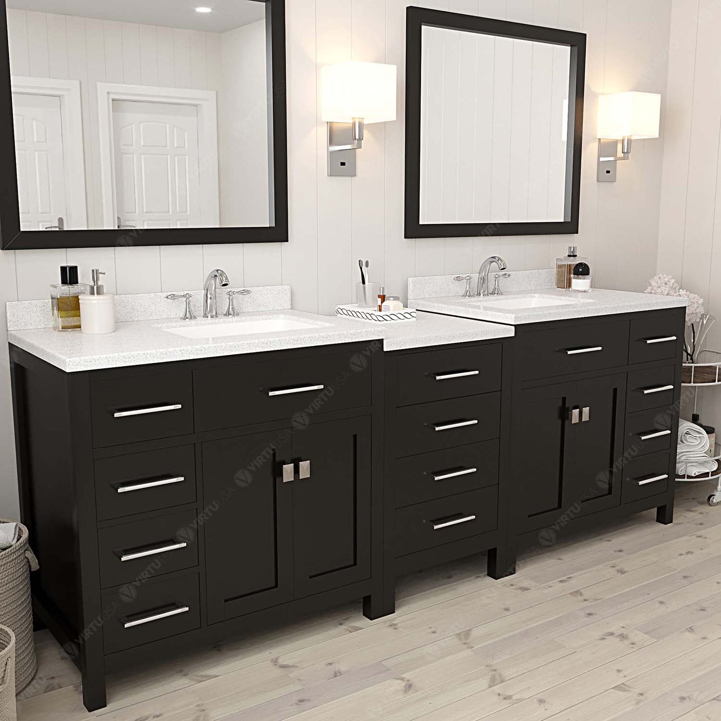Virtu USA Caroline Parkway 93" Double Bath Vanity with Dazzle White Top and Square Sink with Mirrors - Luxe Bathroom Vanities