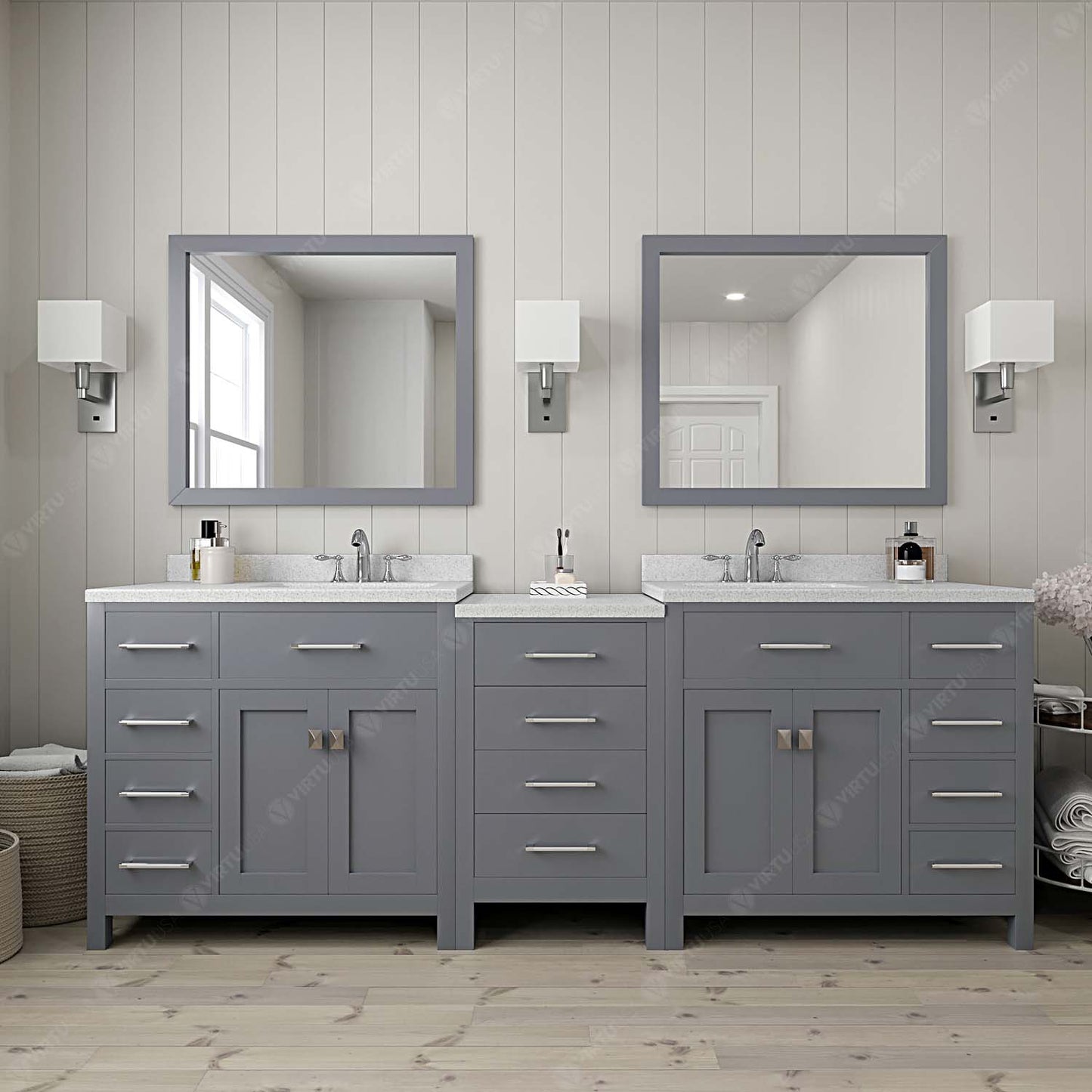 Virtu USA Caroline Parkway 93" Double Bath Vanity with Dazzle White Top and Square Sink with Mirrors - Luxe Bathroom Vanities Luxury Bathroom Fixtures Bathroom Furniture
