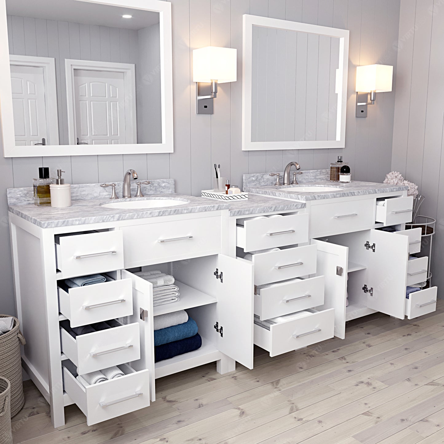 Virtu USA Caroline Parkway 93" Double Bath Vanity with Marble Top and Round Sink with Mirrors - Luxe Bathroom Vanities