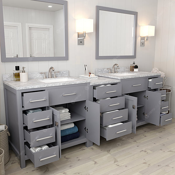 Virtu USA Caroline Parkway 93" Double Bath Vanity with Carrara White Top and Square Sinks with Brushed Nickel Faucets with Matching Mirror - Luxe Bathroom Vanities