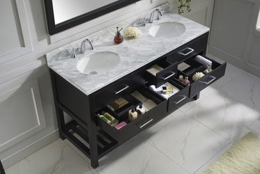 Virtu USA Caroline Estate 60" Double Bath Vanity with Marble Top and Round Sink with Polished Chrome Faucet and Mirror - Luxe Bathroom Vanities Luxury Bathroom Fixtures Bathroom Furniture