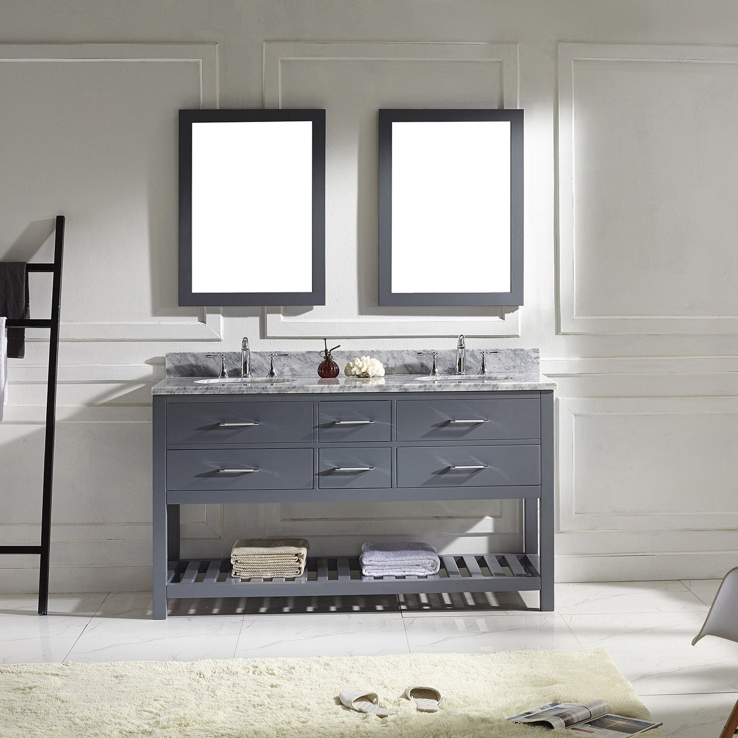 Virtu USA Caroline Estate 60" Double Bath Vanity with Marble Top and Round Sink with Mirrors - Luxe Bathroom Vanities