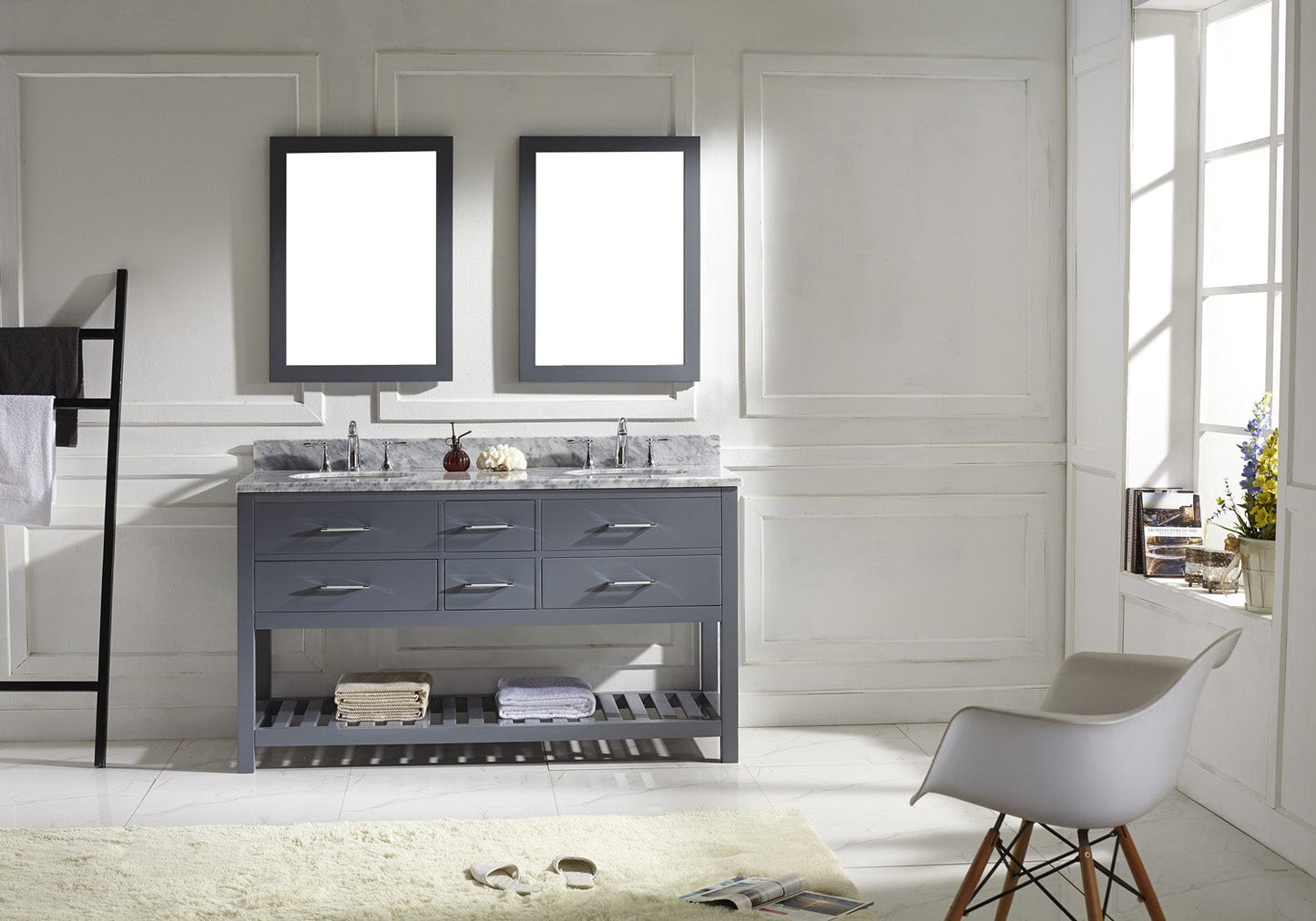 Virtu USA Caroline Estate 60" Double Bath Vanity with Marble Top and Round Sink with Mirrors - Luxe Bathroom Vanities