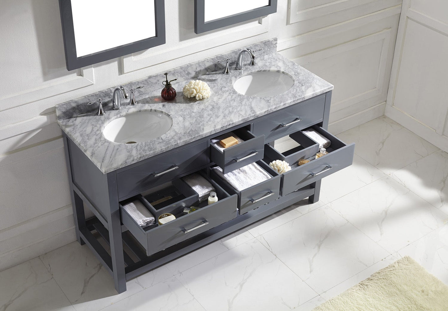 Virtu USA Caroline Estate 60" Double Bath Vanity with Marble Top and Round Sink with Mirrors - Luxe Bathroom Vanities
