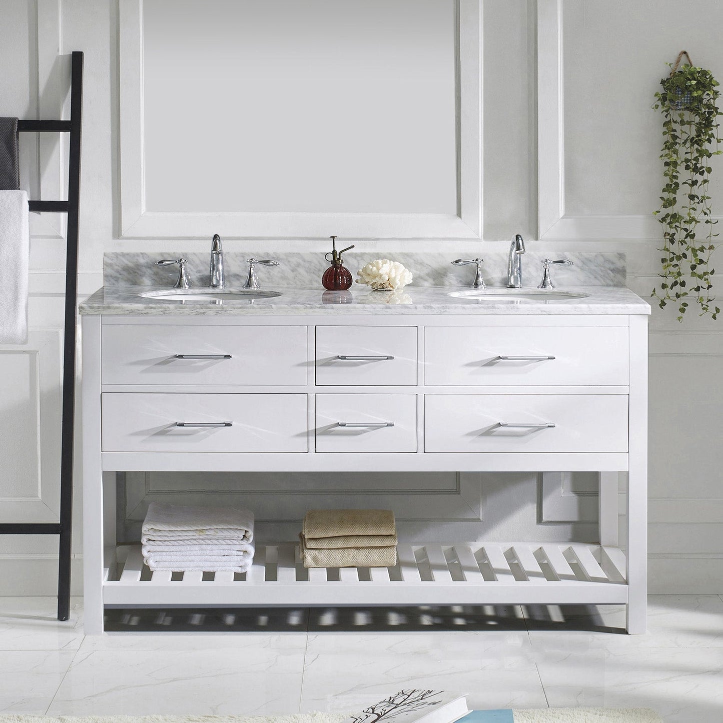 Virtu USA Caroline Estate 60" Double Bath Vanity with Marble Top and Round Sink - Luxe Bathroom Vanities