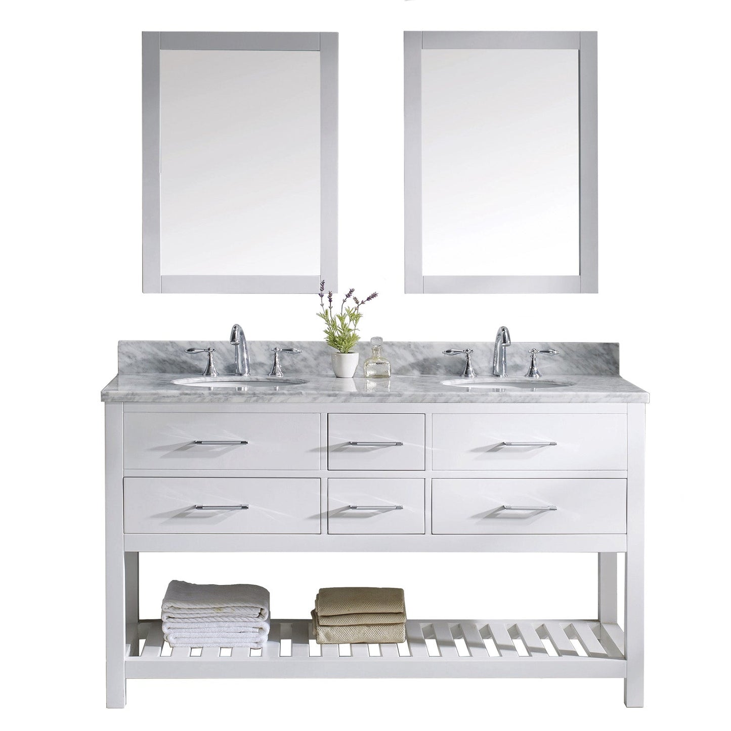 Virtu USA Caroline Estate 60" Double Bath Vanity with Marble Top and Round Sink with Mirrors - Luxe Bathroom Vanities