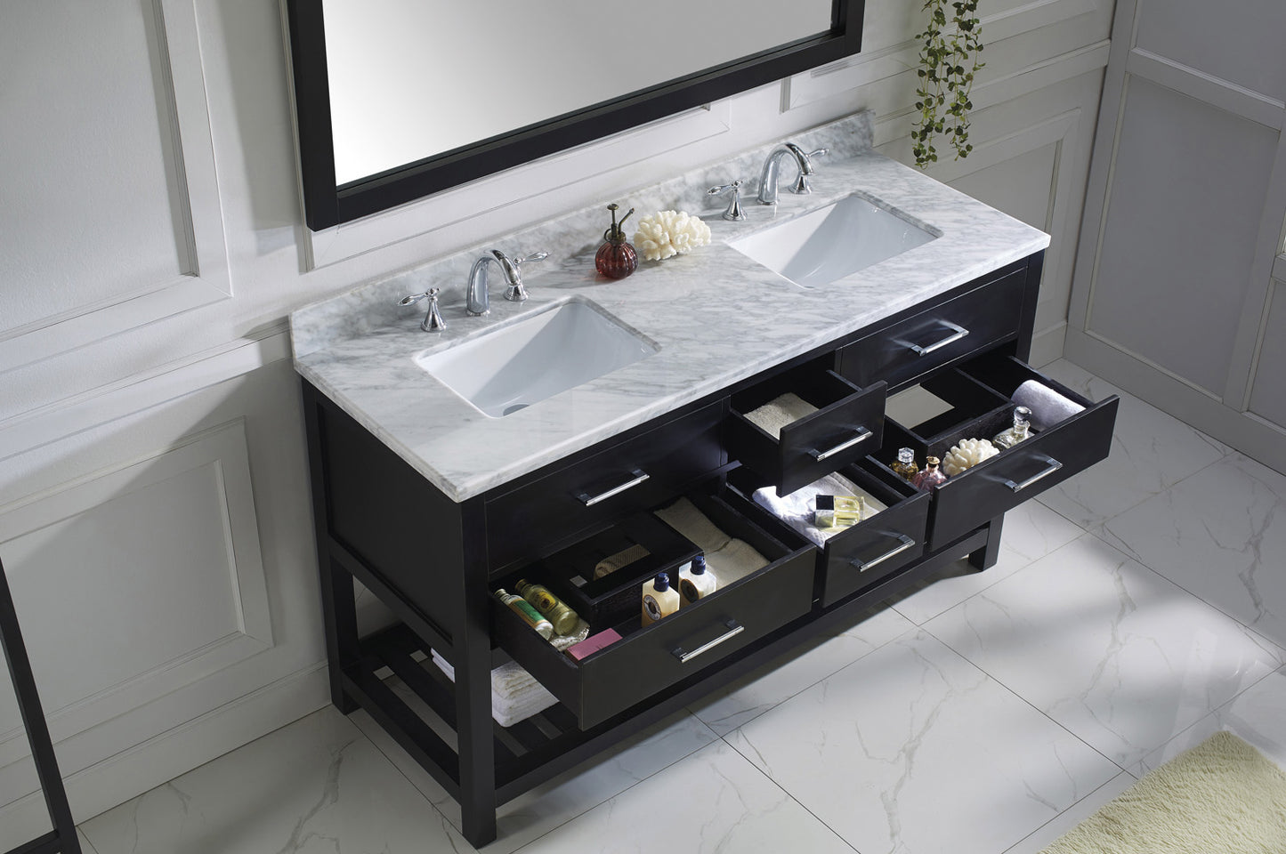 Virtu USA Caroline Estate 60" Double Bath Vanity with Marble Top and Square Sink with Mirror - Luxe Bathroom Vanities