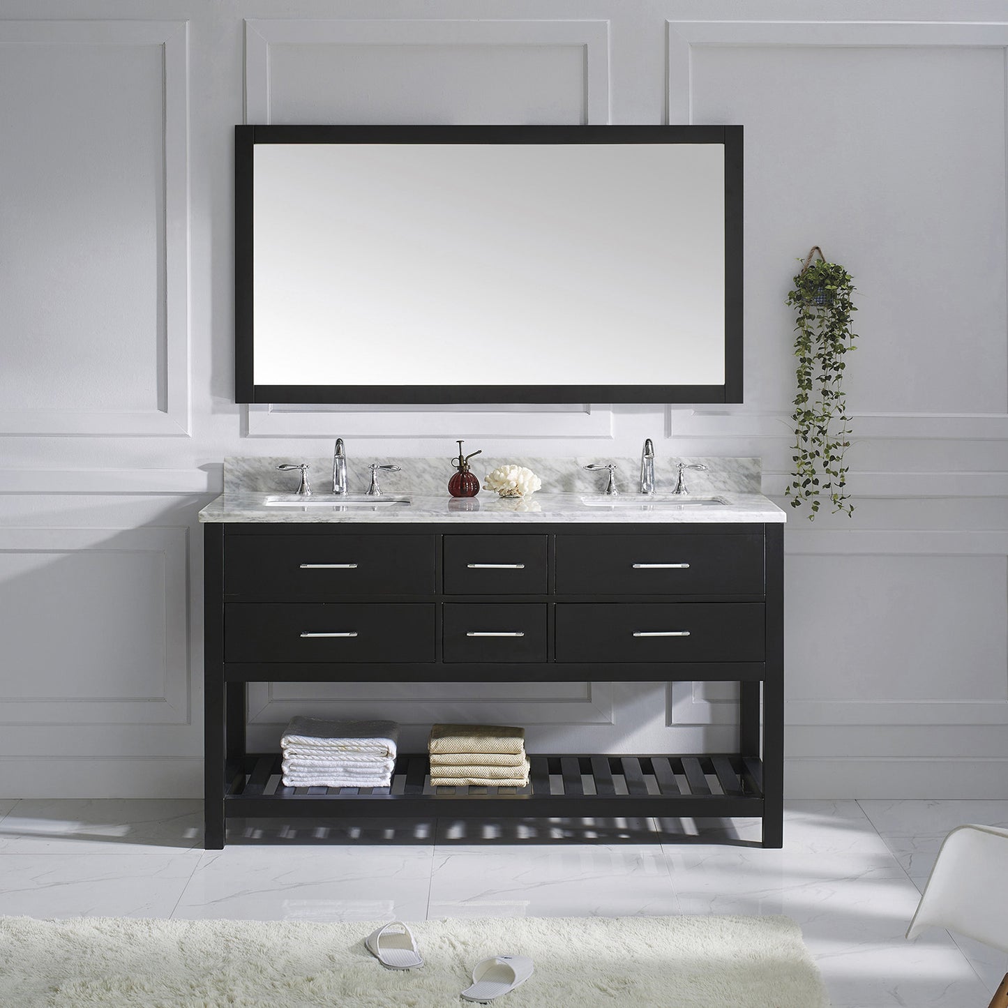 Virtu USA Caroline Estate 60" Double Bath Vanity with Marble Top and Square Sink with Brushed Nickel Faucet and Mirror - Luxe Bathroom Vanities Luxury Bathroom Fixtures Bathroom Furniture