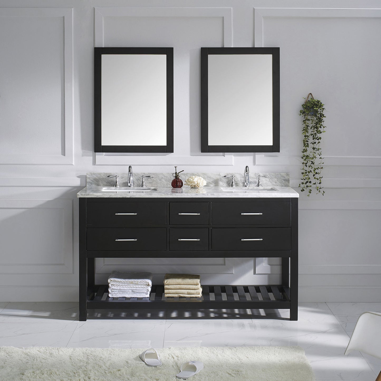 Virtu USA Caroline Estate 60" Double Bath Vanity with Marble Top and Square Sink with Polished Chrome Faucet and Mirrors - Luxe Bathroom Vanities