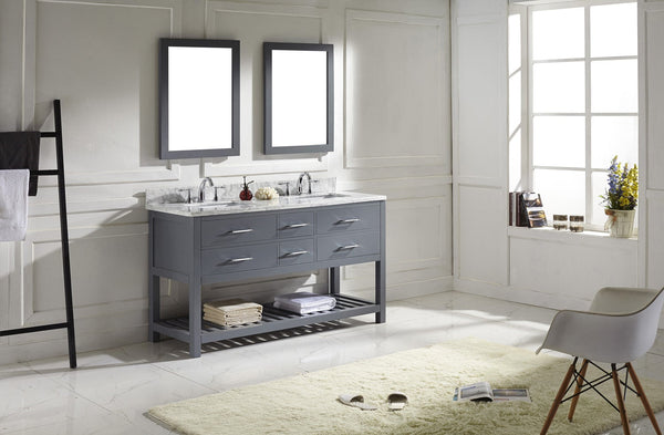 Virtu USA Caroline Estate 60" Double Bath Vanity with Marble Top and Square Sink with Polished Chrome Faucet and Mirrors - Luxe Bathroom Vanities