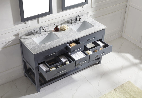 Virtu USA Caroline Estate 60" Double Bath Vanity with Marble Top and Square Sink with Polished Chrome Faucet and Mirrors - Luxe Bathroom Vanities