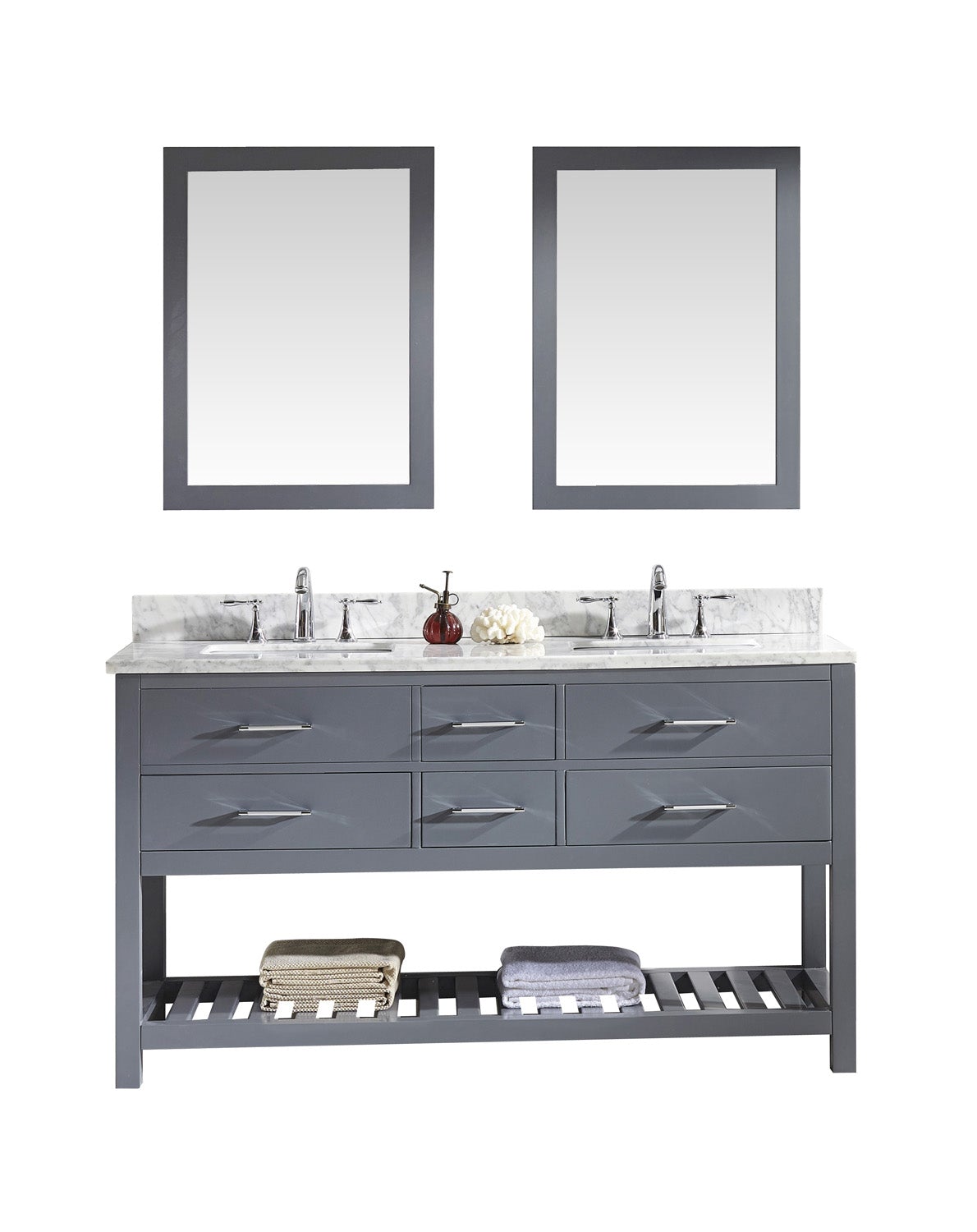 Virtu USA Caroline Estate 60" Double Bath Vanity with Marble Top and Square Sink with Polished Chrome Faucet and Mirrors - Luxe Bathroom Vanities