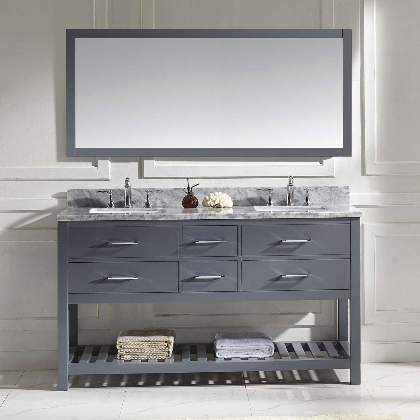 Virtu USA Caroline Estate 60" Double Bath Vanity with Marble Top and Square Sink with Mirror - Luxe Bathroom Vanities