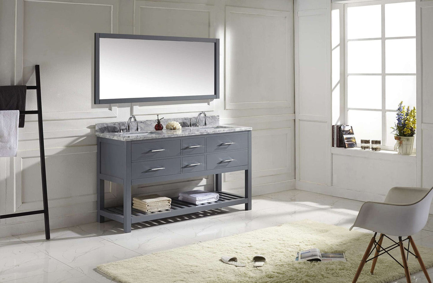 Virtu USA Caroline Estate 60" Double Bath Vanity with Marble Top and Square Sink with Polished Chrome Faucet and Mirror - Luxe Bathroom Vanities