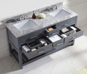 Virtu USA Caroline Estate 60" Double Bath Vanity with Marble Top and Square Sink with Polished Chrome Faucet and Mirror - Luxe Bathroom Vanities
