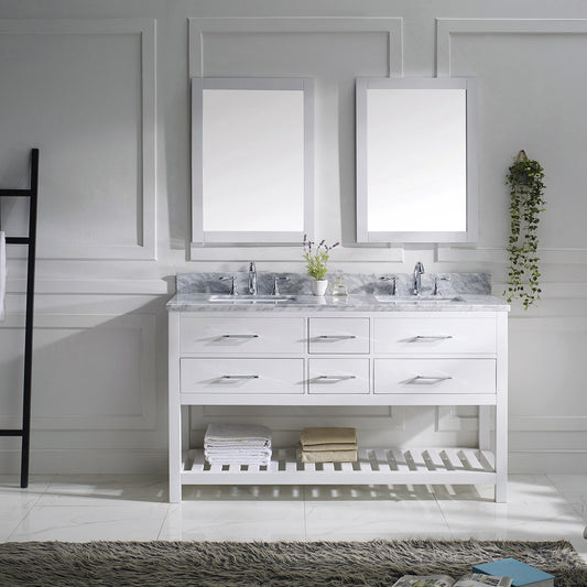 Virtu USA Caroline Estate 60" Double Bath Vanity in White with Marble Top and Square Sink with Polished Chrome Faucet - Luxe Bathroom Vanities Luxury Bathroom Fixtures Bathroom Furniture