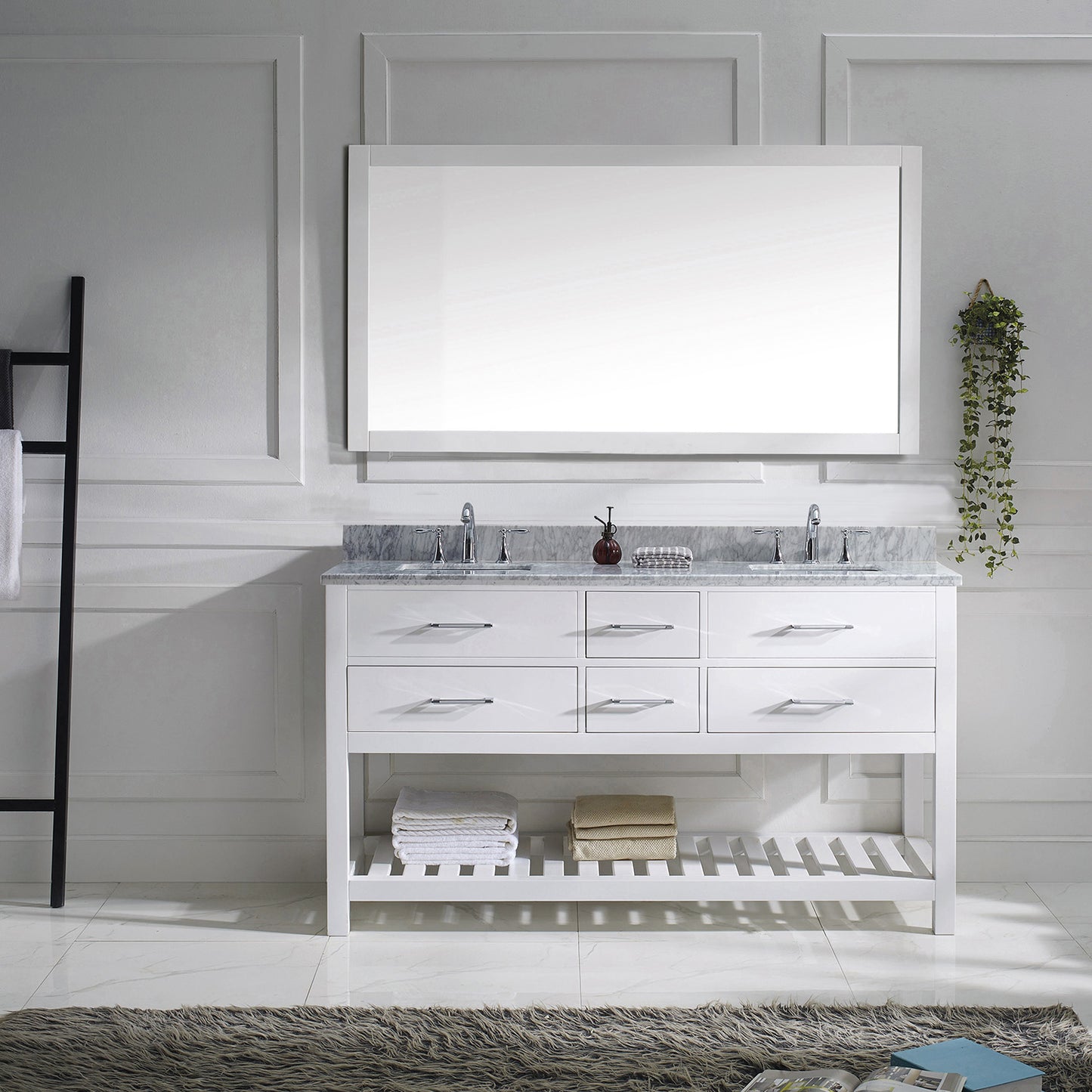 Virtu USA Caroline Estate 60" Double Bath Vanity with Marble Top and Square Sink with Mirror - Luxe Bathroom Vanities