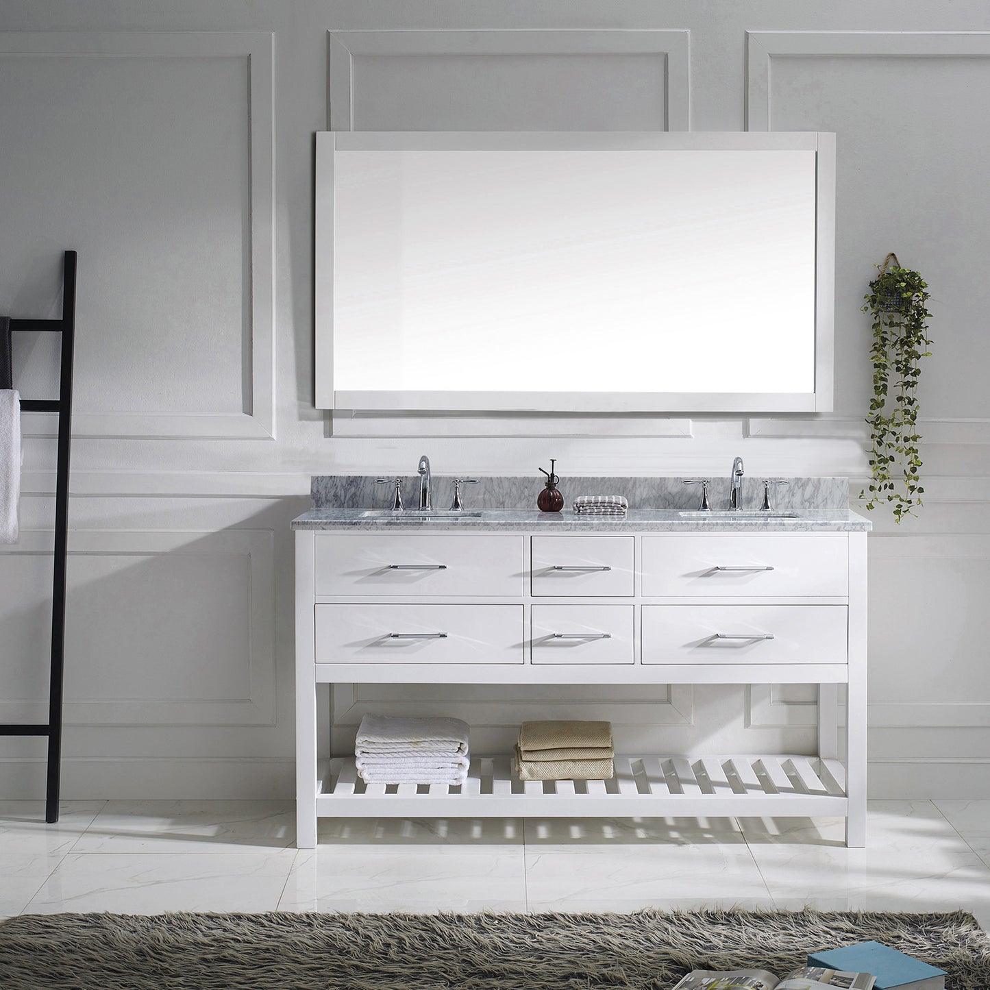 Virtu USA Caroline Estate 60" Double Bath Vanity with Marble Top and Square Sink with Brushed Nickel Faucet and Mirror - Luxe Bathroom Vanities Luxury Bathroom Fixtures Bathroom Furniture