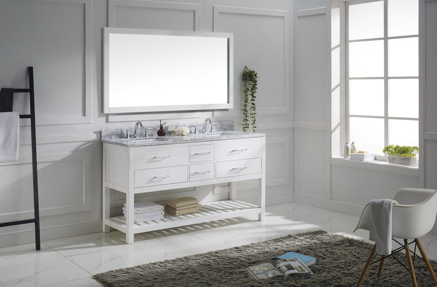 Virtu USA Caroline Estate 60" Double Bath Vanity with Marble Top and Square Sink with Brushed Nickel Faucet and Mirror - Luxe Bathroom Vanities Luxury Bathroom Fixtures Bathroom Furniture